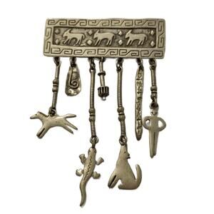 Vintage 1998 JJ Marked Pewter Tone Metal Brooch, Southwestern and Navajo Art